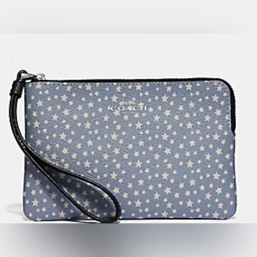 Coach F67613 Starry Blue Canvas Wristlet Silver Hardware Top Zip Leather Strap